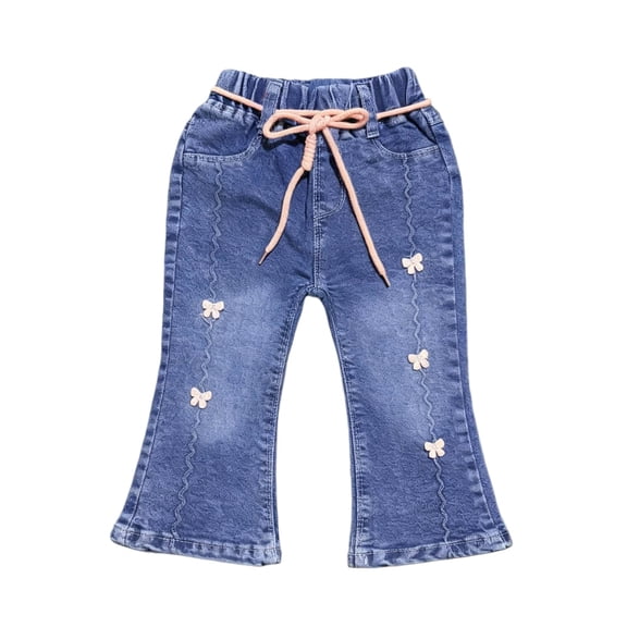 Girls Flare Jeans with Butterfly Embroidery Elastic Waist Adjustable Drawstring Denim Pants for Kids Kids 2-8 Years,Size 2-3T