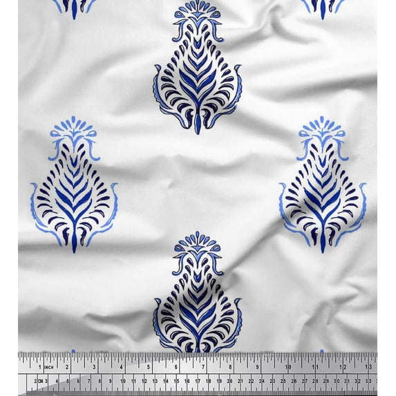 Soimoi Silk Fabric Leaves Block Print Fabric by The Yard 42 Inch Wide