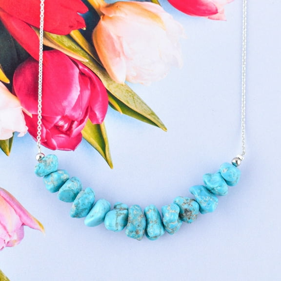 QNAVIC Genuine Raw Blue Turquoise Polished Stone Rough Handmade Bar Necklace For Women, Crystals and Healing Stones, Birthstone Jewelry, Rhodium Plated 925 Sterling Silver 18 inch