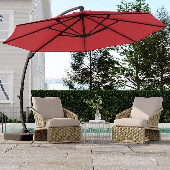 11 FT Outdoor Patio Umbrella with Base, Aluminium Curved Cantilever Umbrella, Large Round Hanging Offset Umbrella with Unlimited Position Adjustment and 360°Rotation for Market Garden Pool