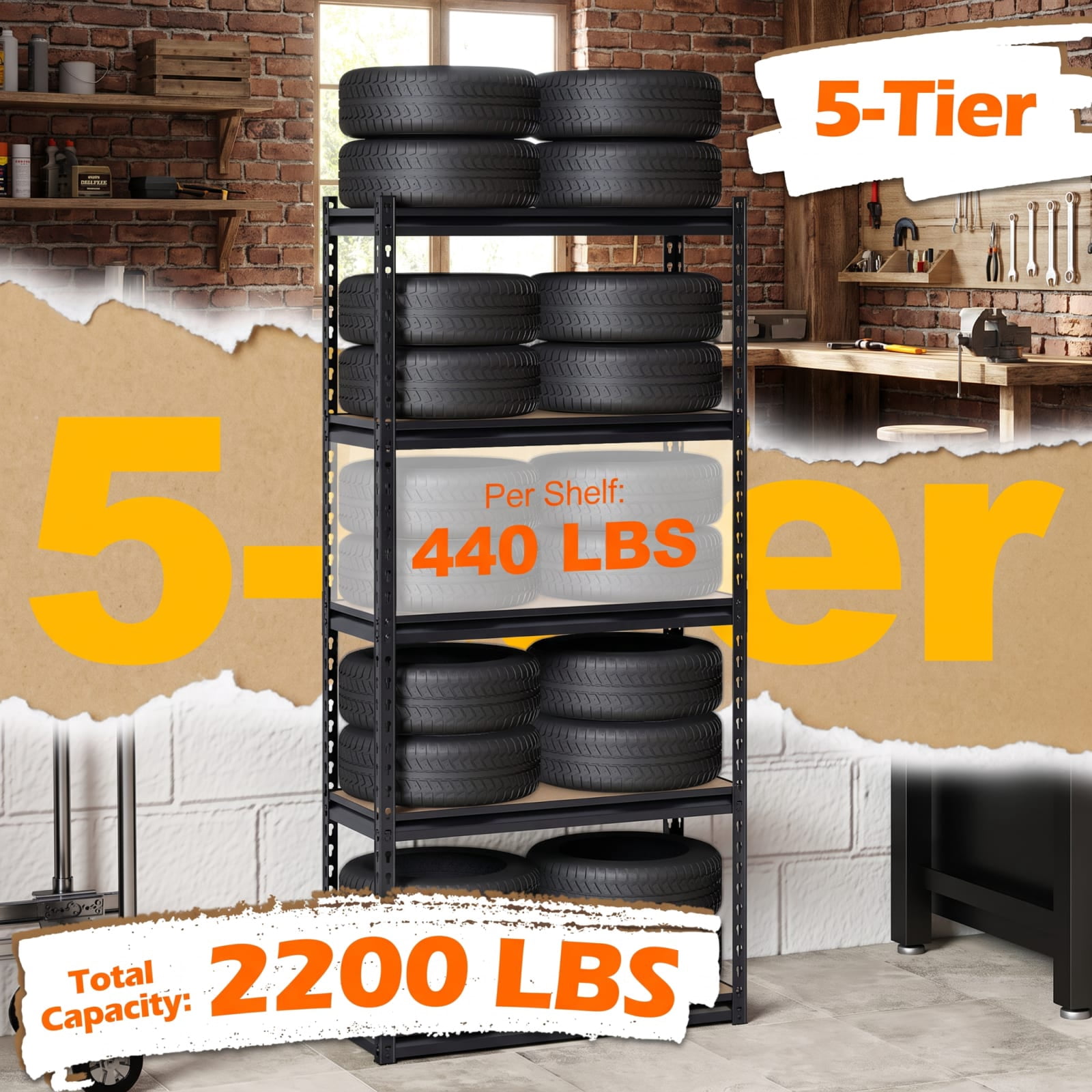 Biotree 5-Tier Metal Shelving Unit 2200 lbs Capacity with Adjustable Shelves 30" × 12" × 60" for Garage Warehouse, Black