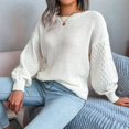 thumbnail image 6 of Women'S Solid Knit Cable Sweater Casual Long Lantern Sleeve Pullover Crew Neck Knitted Tops White S, 6 of 8