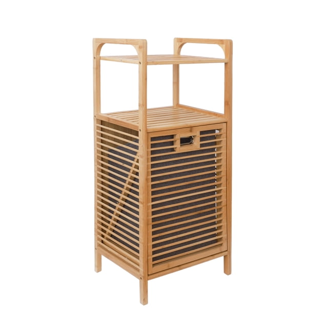 Cesto de Lavandería de Bambú con Caja de Tela para Ropa Sucia y 2 Niveles de Estantes, Ideal para Almacenamiento y Organización en Baño
