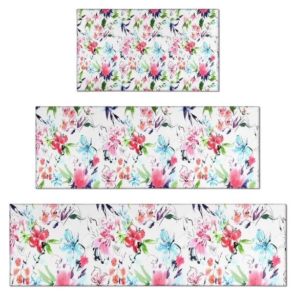Pioneer Flower Floral Print Pattern Kitchen Rugs Sets Of 3,Kitchen Runner Rugs Non Skid Washable,Decorative Kitchen Floor Mats for Kitchen,Sink,Laundry,17"x30" 17"x47" 17"x59"