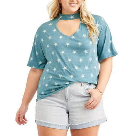 Poof Junior Plus Star Print Keyhole Distressed Top