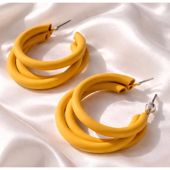 Yellow Hoop Earrings for Women – Chunky Matte Double Layer Statement Hoops, Lightweight Fashion Jewelry