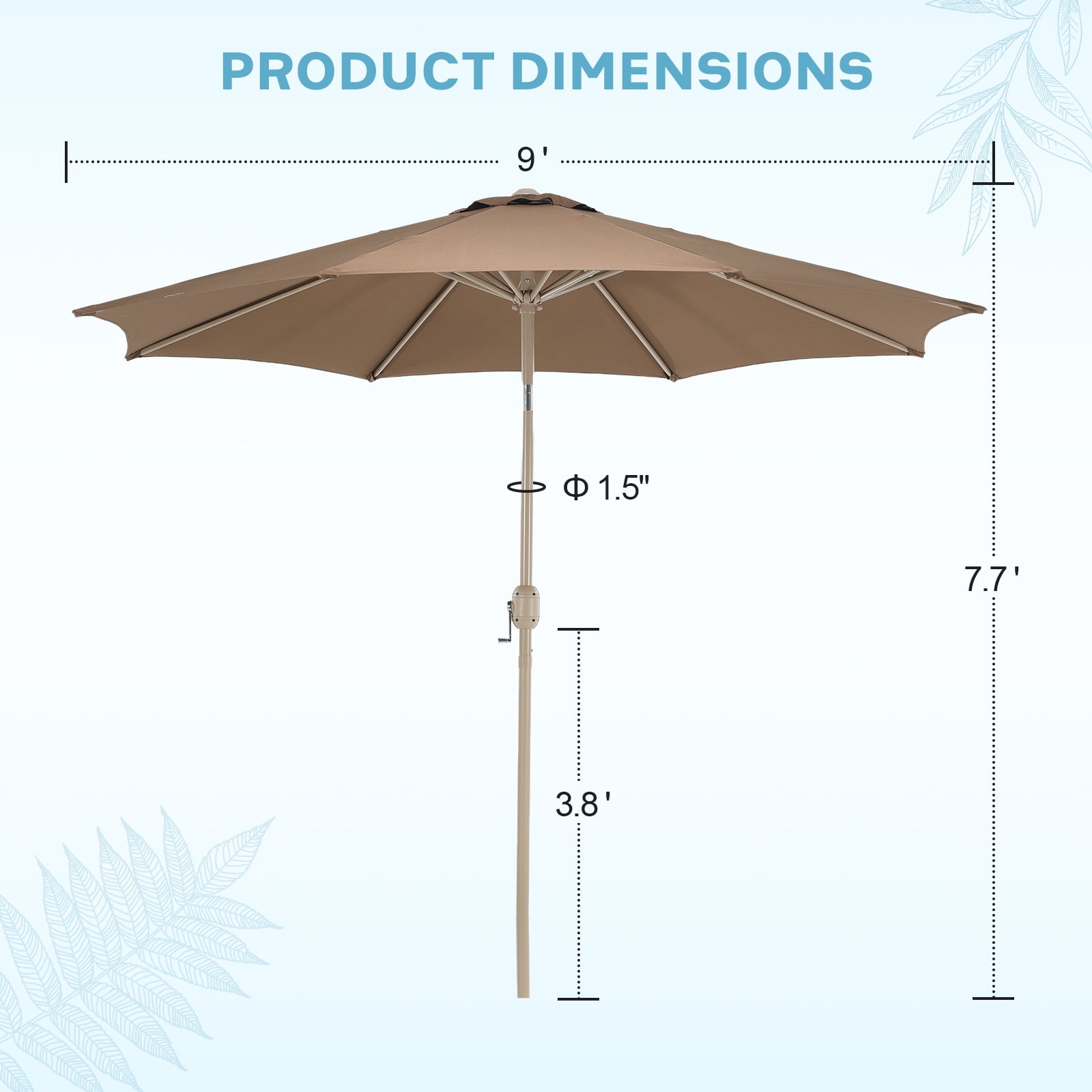 Aoodor 9FT Outdoor Patio Umbrella with 8 Steel Ribs and Push Button Tilt Crank, UV Protection, Coffee