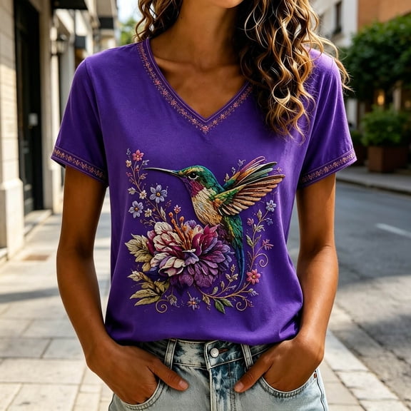 Tshirt Women Skin Friendly Floral Hummingbird Print V Neck Short Sleeve Tee Weekend Women Blouse
