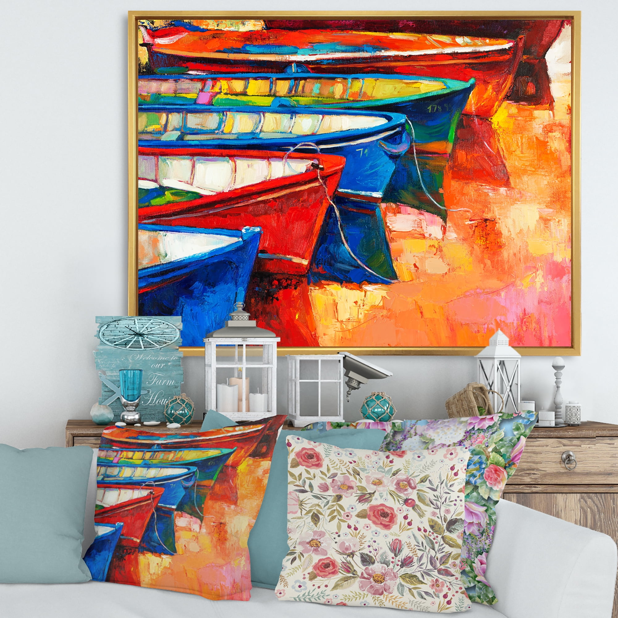 Designart 'Boats During Warm Colourd Sunset In The Harbor II' Nautical & Coastal Framed Canvas Wall Art Print