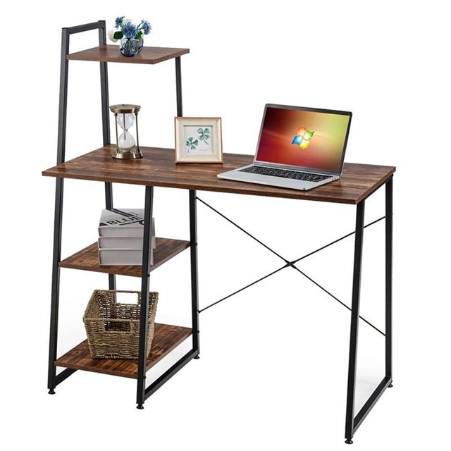 Pemberly Row Contemporary Engineered Wood Computer Desk with Shelves in Brown