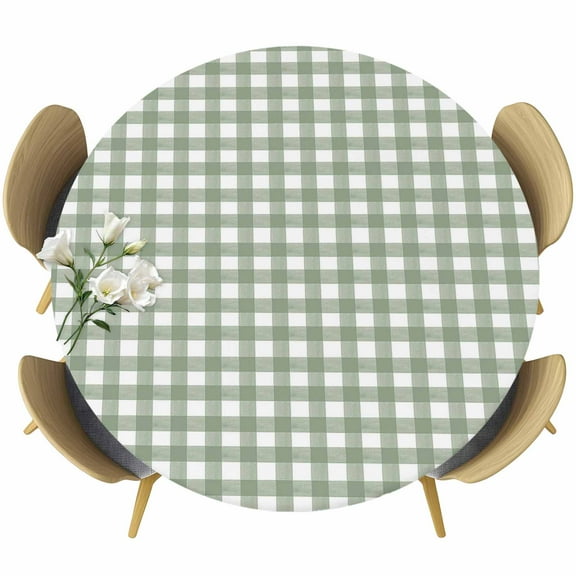 Sage Green Round Fitted Table Cover Buffalo Plaid Waterproof Table Cloth with Elastic Edge Wipeable Tablecloth for Picnic Camping Party Fits 36"-44" Diameter