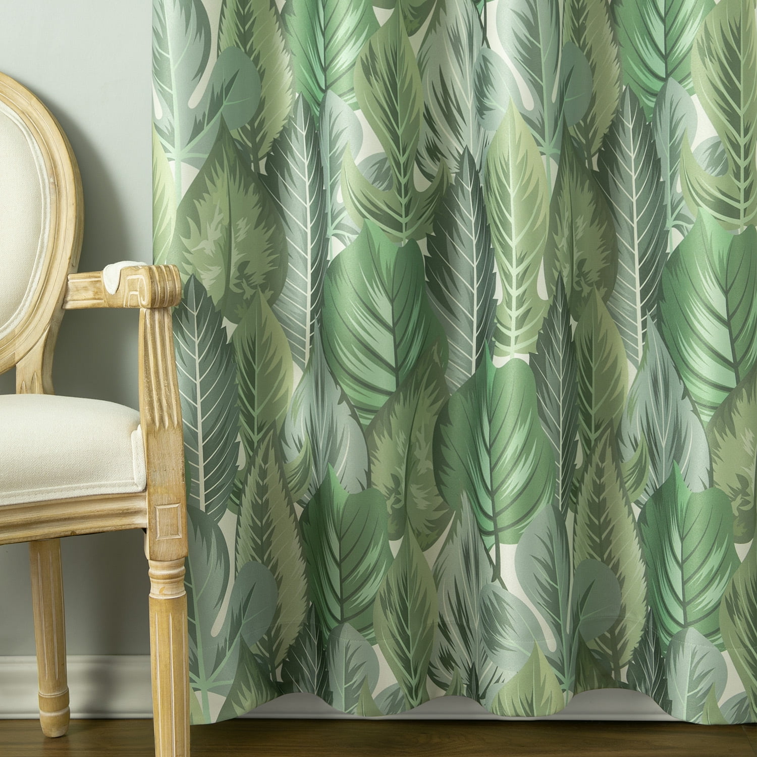 VOGOL Green Leaves Print Curtains Drapes, Rustic Grommet Top Light Filtering Window Curtain Panels Set for Room Divider, 2 Panels, 52 x 96 inches