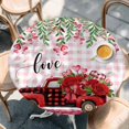 thumbnail image 2 of Valentine's Day Round Tablecloth, Fitted Table Cover with Elastic for 55"-60" Round Tables, Red Truck Roses Love Leaves Pink Plaid Table Cloth Outdoor Indoor Dinning Party Waterproof Tablecloths, 2 of 7