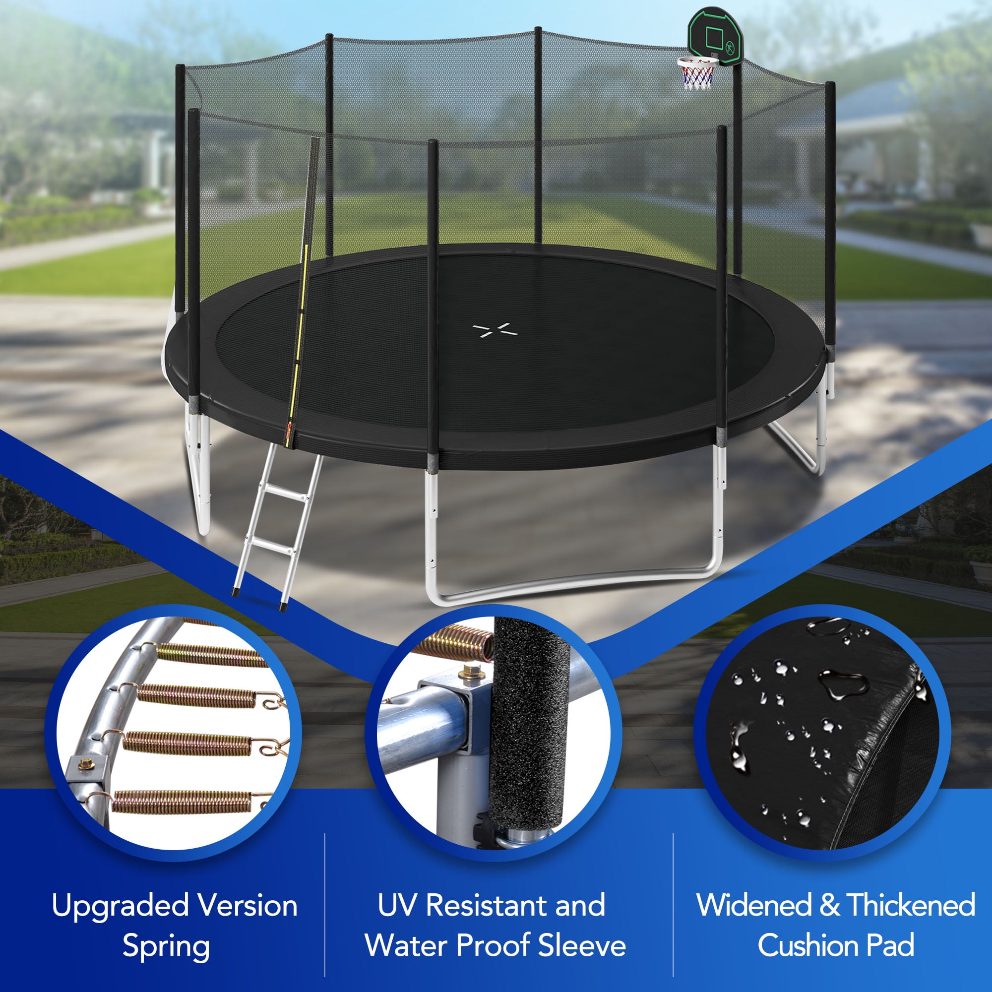 EUROCO 14FT Trampoline for Kids with Safety Enclosure Net, Basketball Hoop and Ladder, Easy Assembly Round Outdoor Recreational Trampoline