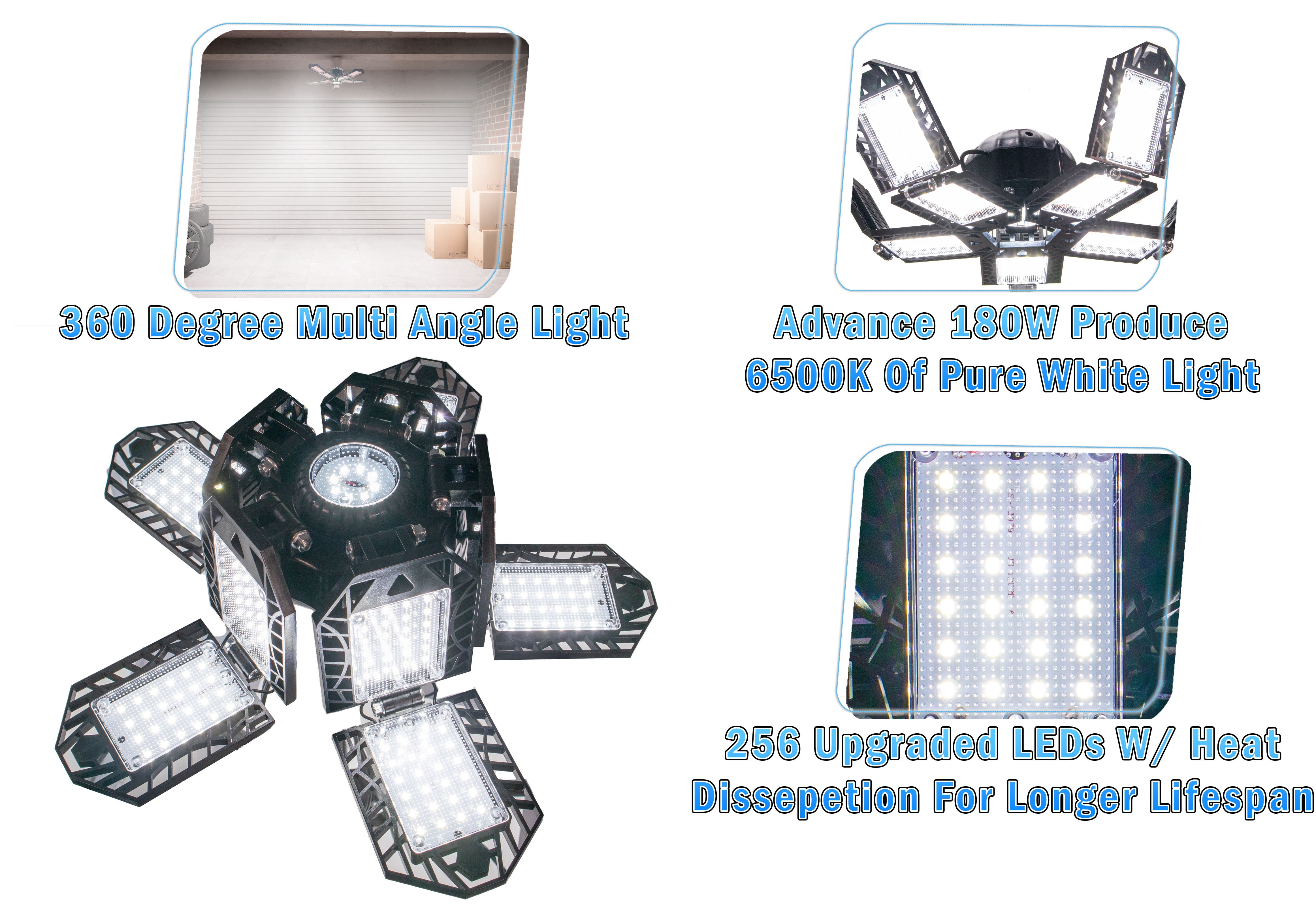 10 Leaf Garage Led Light Bulb 60W LED w/ Adjustable Aluminum Panels, 256 LEDs, E26/E27 6000K - 7200LM Ceiling Fixture for Basement Warehouse Workshop Home