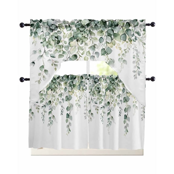 Retro Eucalyptus Leaves Kitchen Curtains Swag Valance and Tier Curtains Set 24 Inch Length, Rustic Pastoral Botanical Rod Pocket Drape Panels Pair Swag Curtain for Bathroom/Cafe/Window