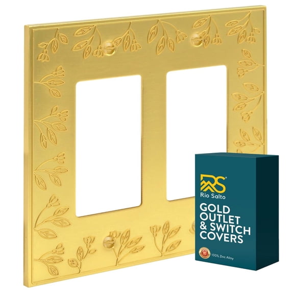 Rio Salto Metal Floral Decorative Outlet Cover Light Switch Cover Plate Flower Covers Double Rocker Decorator Wall Plates Yellow Gold, 2-Gang Rocker 1-Pack