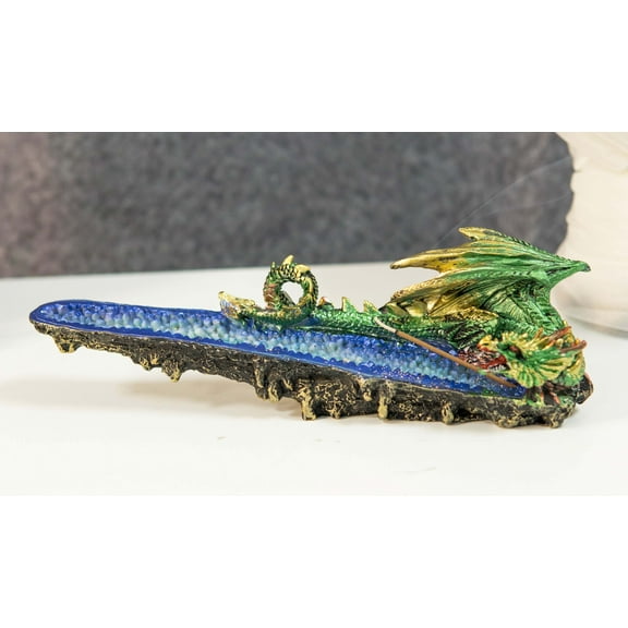 Ebros Green Jade Dragon Guarding Blue Quartz Crystal Quarry River Incense Burner
