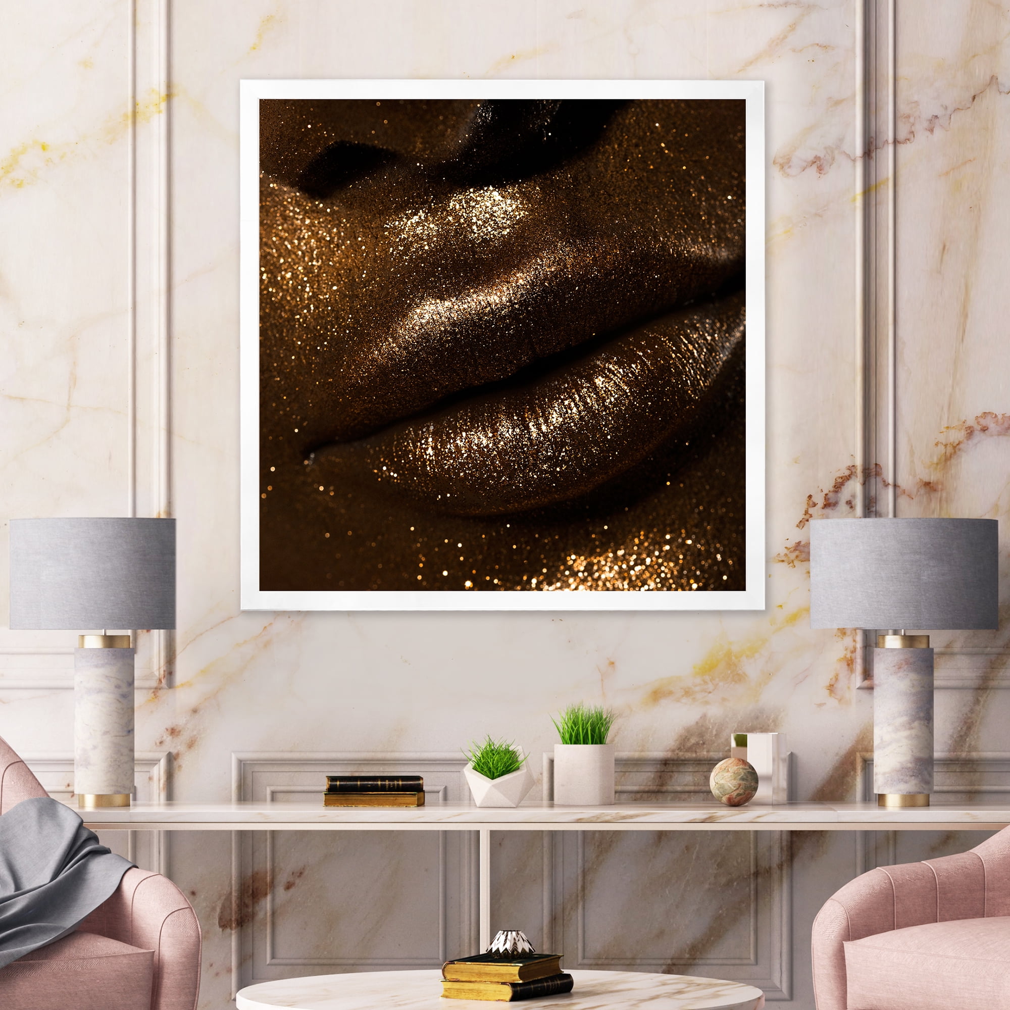 Designart 'Girl Lips With Glitter and Spangle' Modern Framed Art Print