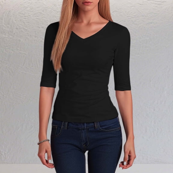 3/4 Sleeve Shirts For Women V Neck Solid Color Loose Fashion Dressy Casual T Shirt Lightweight Fall Basic Work Tee Vacation Clothes Black L/..