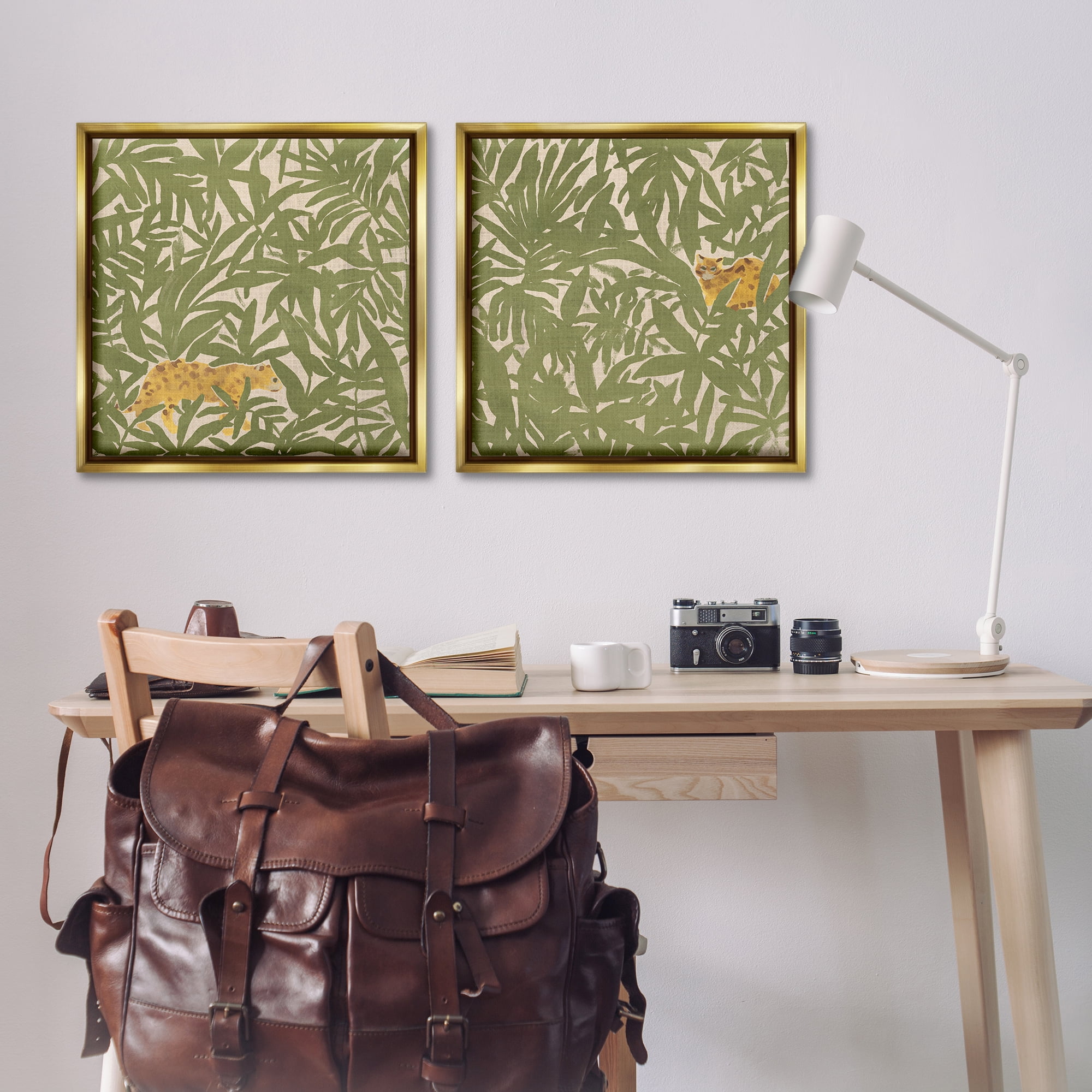 Stupell Industries Hunting Jungle Cat Plants & Flowers Painting Gold Floater Framed Canvas Art Print Wall Art, 25 x 25, Set of 2