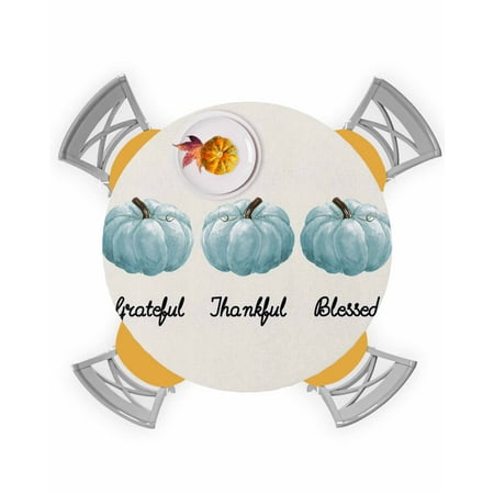 

Round Tablecloth with Elastic Fall Thanksgiving Blue Pumpkin Grateful Thankful Blessed Waterproof Stain-proof Table Cover Wipeable Fitted Table Cloths for 55 -60 Round Tables Dining Kitchen