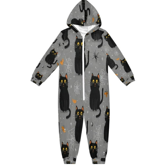Soft Big Kids Onesie Pajamas Cozy Loose-Fit Jumpsuits for kids with Pockets for Christmas Lounge & Play Black Cat and Spider Web