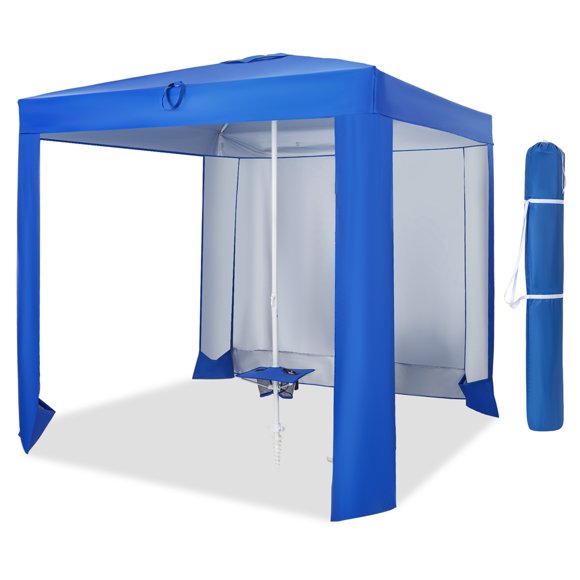Costway UPF 50+ Beach Tent 6.6ft x 6.6ft Beach Cabana with Folding Table, 5 Sandbags