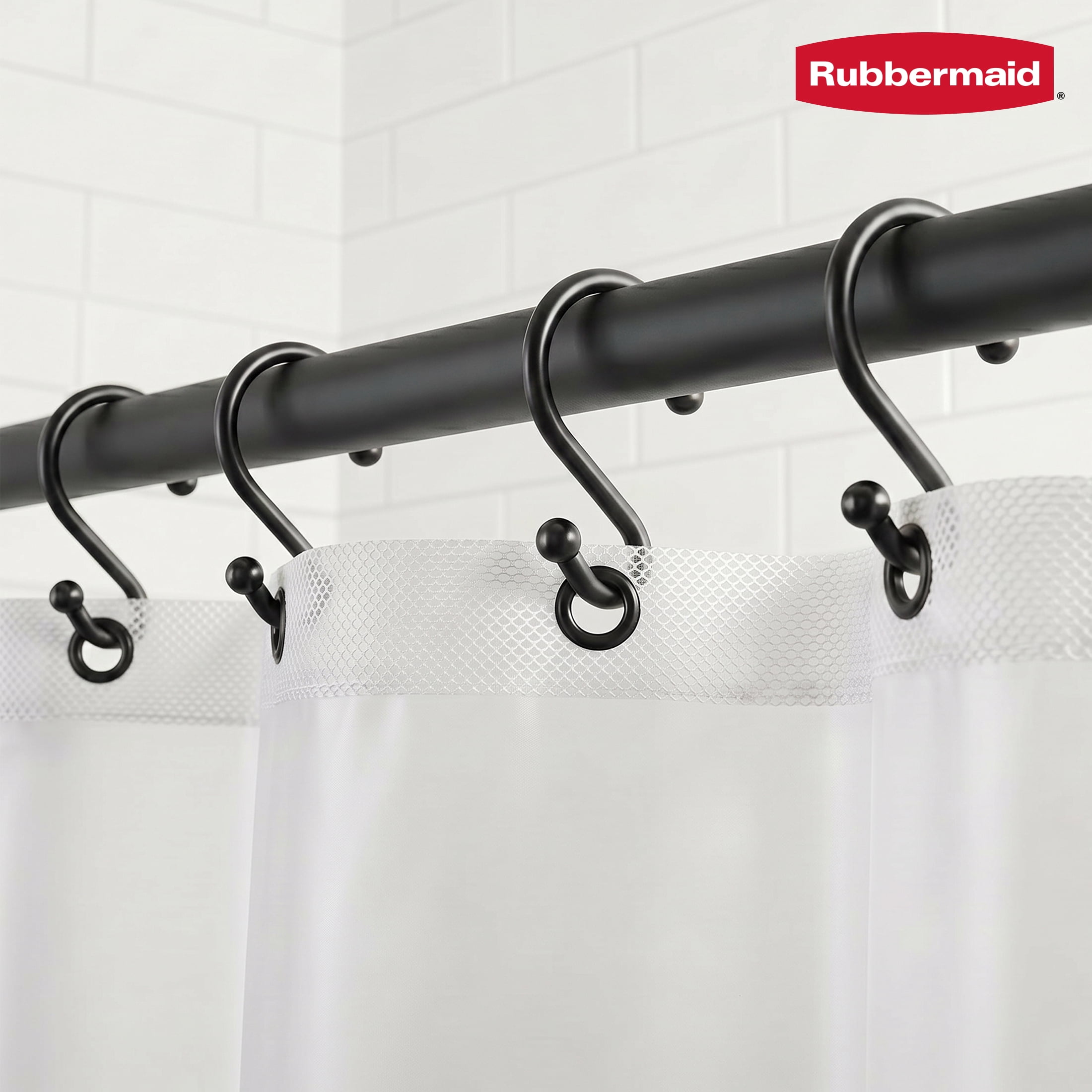 Rubbermaid Black Plastic S-Shape Shower Curtain Hooks, 12 Count
