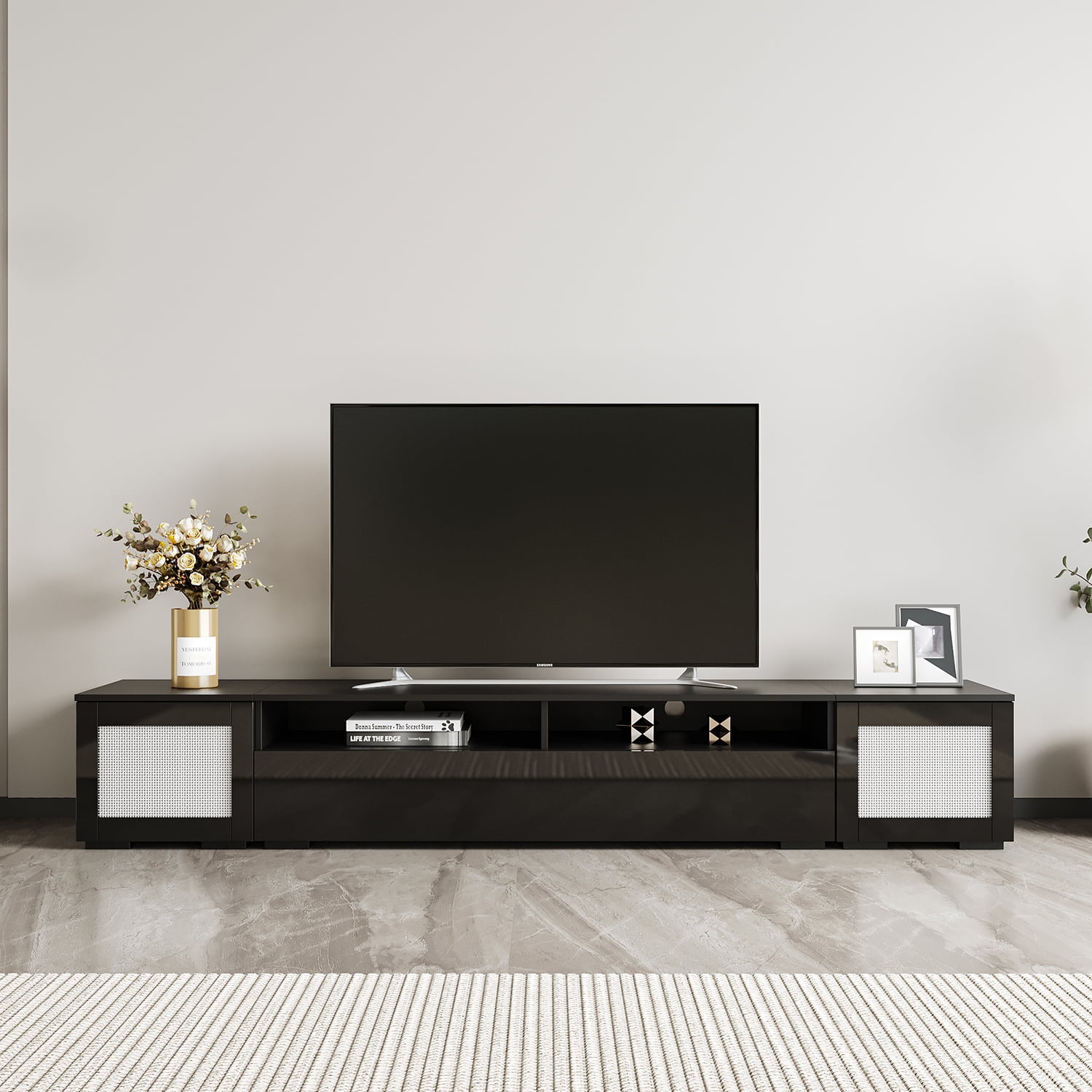 Kadyn Rattan Style Entertainment Cente, Particle Board TV Console Table with Push to Open Doors and Color Changing LED Lights, Modern TV Stand for TVs Up to 90”, Black Kadyn Rattan Style Entertainment Cente, Particle Board TV Console Table with Push to Open Doors and Color Changing LED Lights, Modern TV Stand for TVs Up to 90”, Black