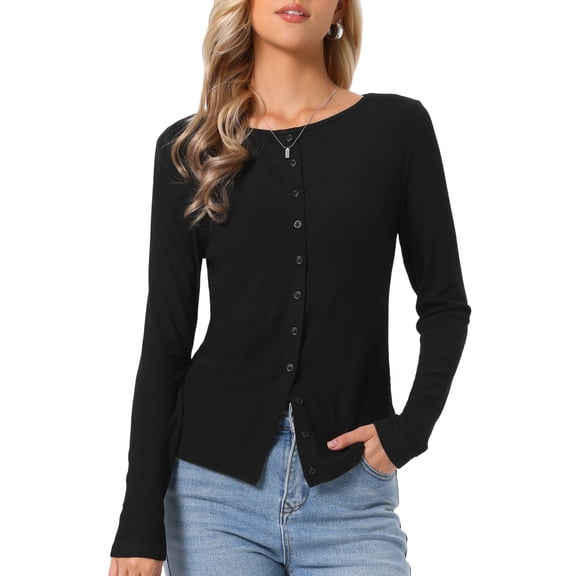 INSPIRE CHIC Knit Top for Women's Long Sleeve Button Fitted Solid Casual Blouse XS Black