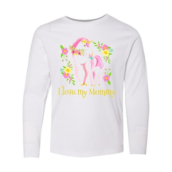 Inktastic I Love My Mommy Unicorn with Pink and Yellow Flowers Long Sleeve Youth T-Shirt