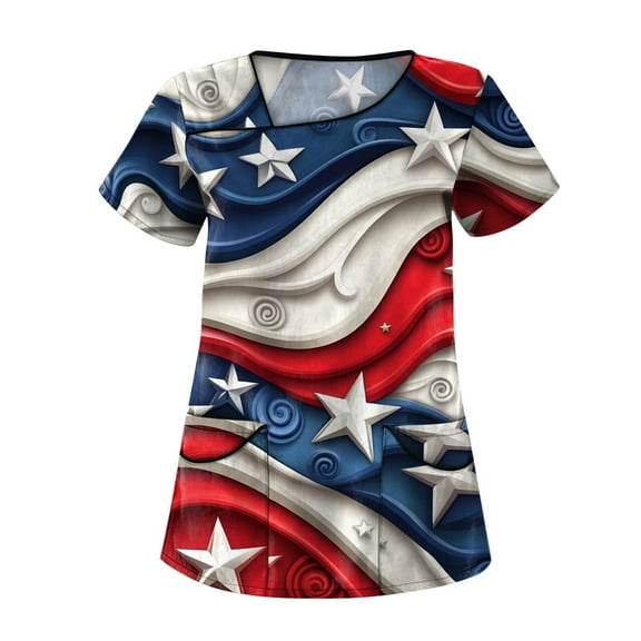 Scrubs Tops With Designs, 4Th Of July Scrub Tops Women Plus Size Skew Collar Short Sleeve Workwear Pockets Red White And Royal Blue American Flag Top Fourth Shirts Scrubs (3XL, Blue) ZMTing