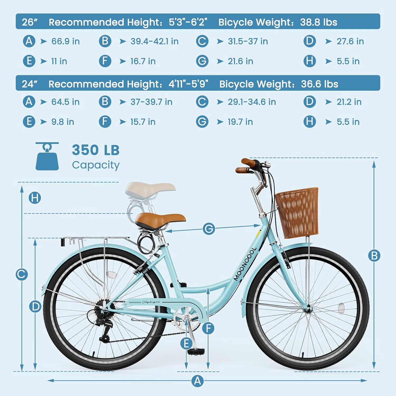 Mooncool 24 & 26 Inch Beach Cruiser Bike for Women, 7 Speed Commute Bike for Adults, Womens Bicycle with Ratten Basket & Rack, Multiple Color