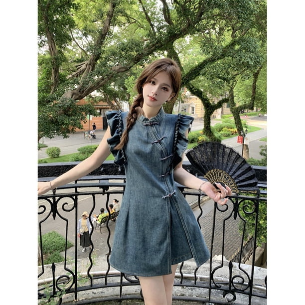 Summer new Chinese style retro buckle small flying sleeve Denim dress women + shorts - Walmart.ca Summer new Chinese style retro buckle small flying sleeve Denim dress women + shorts - Walmart.ca