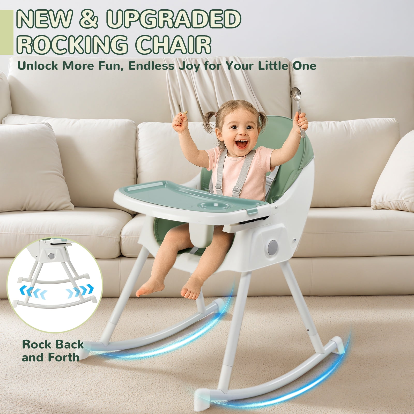 Ktaxon Baby High Chair, Convertible 6 in 1 High Chairs for Babies and Toddlers, Foldable Baby Highchair with 5-Point Safety Harness, Adjustable Dining Tray, Backrest & Height, Green