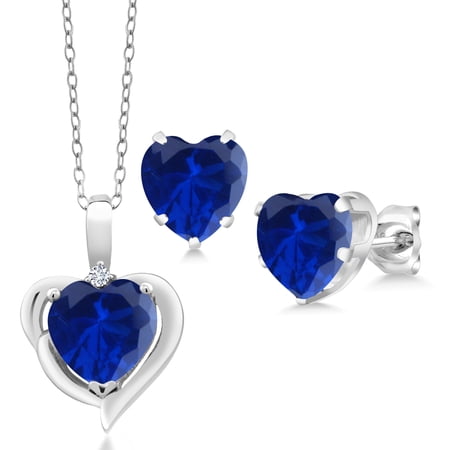 Gem Stone King 925 Sterling Silver Pendant and Earrings Jewelry Set Simulated Sapphire Moissanite (3.02 Cttw)