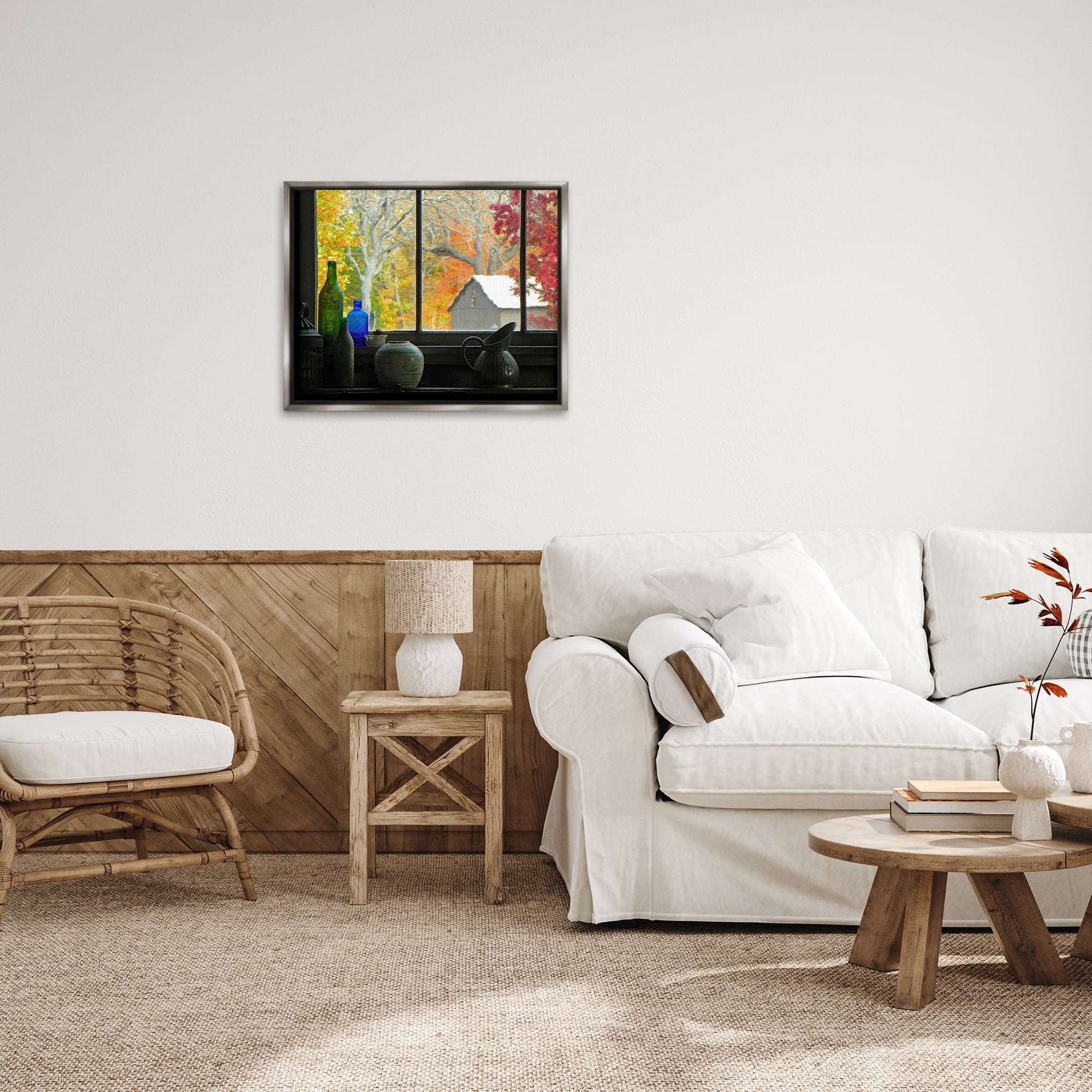 Stupell Industries Fall Foliage in Window Landscape Photography Gray Floater Framed Canvas Art Print Wall Art, 31 x 25