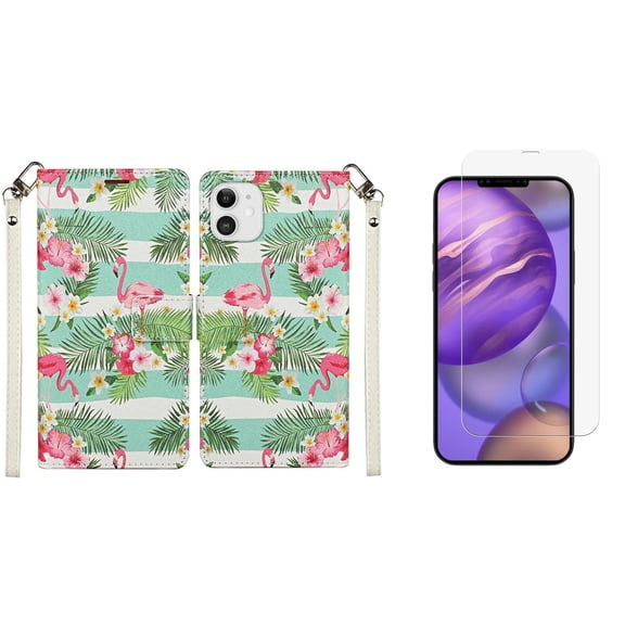 Bemz Pocket Wallet Case Compatible with iPhone 12 Mini with (2 Pack) Tempered Glass Screen Protectors and Touch Tool - Flamingo Flowers