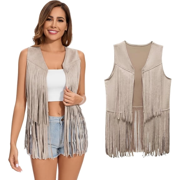 ANNECOSK Women's Faux Suede Fringe Vest: 60s 70s Hippie Costume, Western Cowgirl Tassel Waistcoat for Halloween, Rodeo & Country Concerts