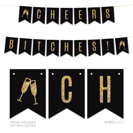 Gold Glitter Cheers Bi***es! Wedding Bachelorette Pennant Party Banner
