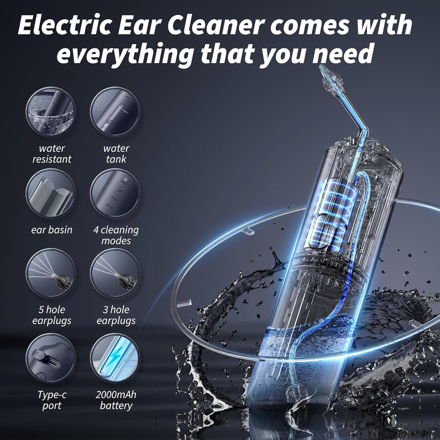 Ear Wax Removal - Electric Ear Cleaner - Ear Irrigation Kit Safe Ear Irrigation Flushing System with 4 Pressure Settings - Effective Ear Wax Removal Tool for Earwax Buildup (Dark Blue)