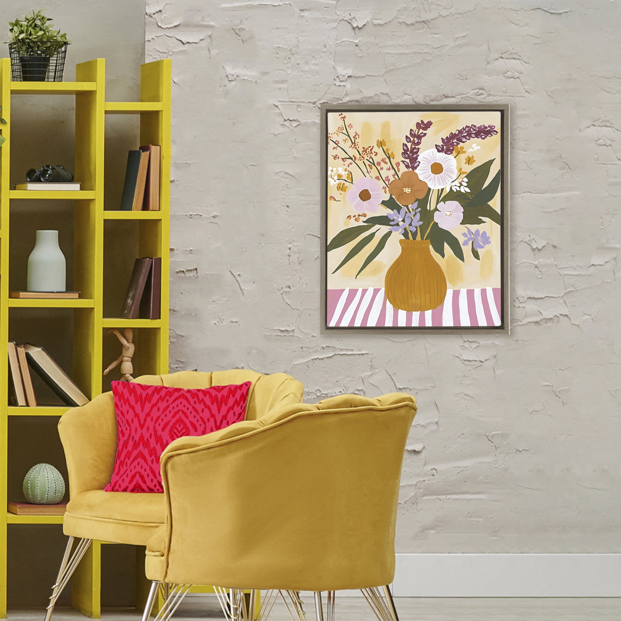 Stupell Industries Boho Flowers on Pink Stripes Brown Framed Floater Canvas Wall Art, design by Creative Studio