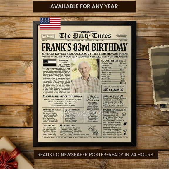 YaHaku 83rd Birthday Newspaper Poster, Personalized 83rd Birthday Newspaper Gift, Grandma Photo Gift, Back in 1942, Birthday Party Welcome Sign