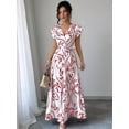 thumbnail image 4 of Women'S A Line Dress with Tie Waist Floral Print Beach Vacation Party Short Sleeve Ruffle Elegant Red M, 4 of 7