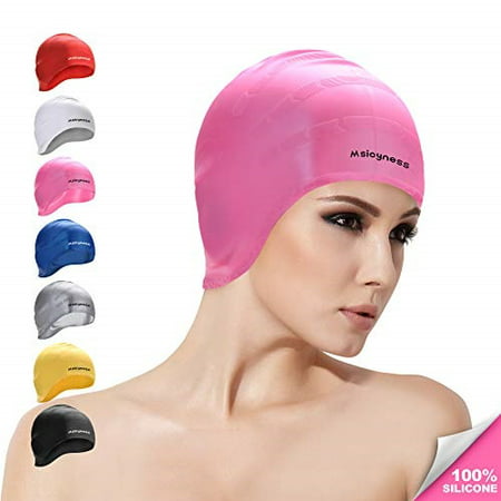 Msicyness Swim Cap Cover Ears for Long Hair 100% Silicone Swimming Hat Unisex Adult Kids Swimming Pool Caps Reduce Water Intake Makes Your Hair (Best Way To Clear Your Ears)
