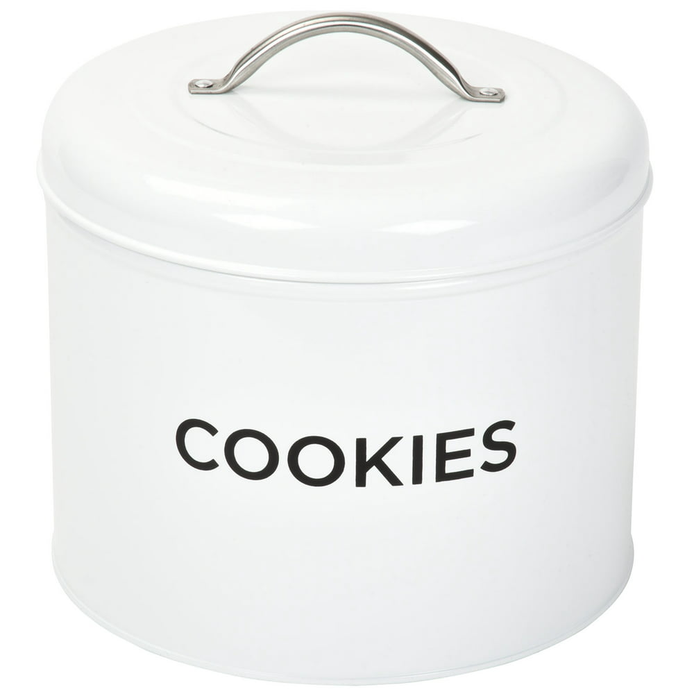 Spigo Tin Cookie Jar with Rubber Seal, Retro Design, White, 6.75x8.25 Inches