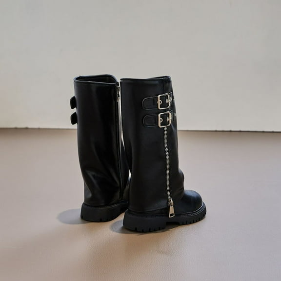 ZHOGXU Big Kids Girls Mid Calf Boots Solid Color Side Zipper Flat Sole Comfortable Fashion Shoes For Outdoor Activities Daily Wear Black 4-4.5 Years