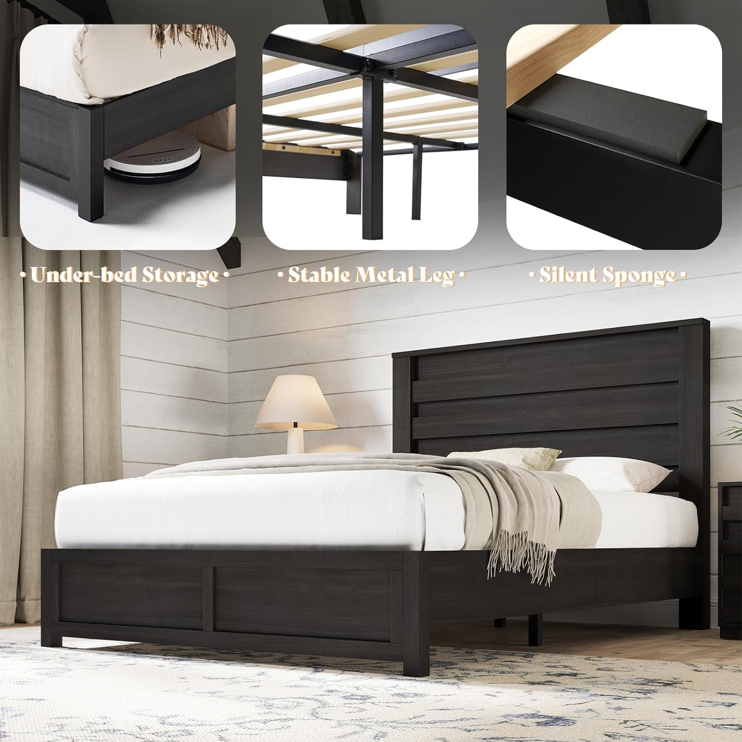 Papajet Queen Size Bed Frame with Headboard, Farmhouse Platform and Natural Wood Grain, Black