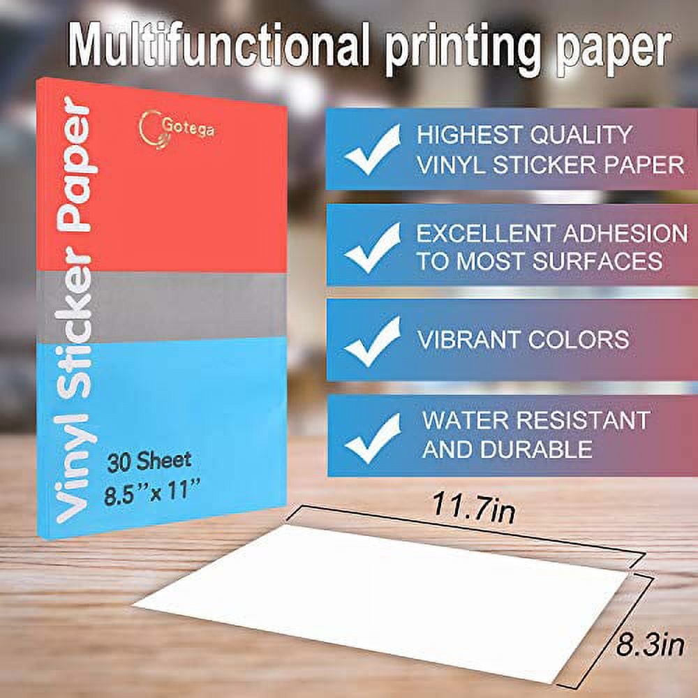 Gotega Printable Vinyl Sticker Paper 30 Sheets - Matte White Waterproof Printable Sticker Paper for Inkjet Printer & Laser Printer, Size 8.5X11 A4